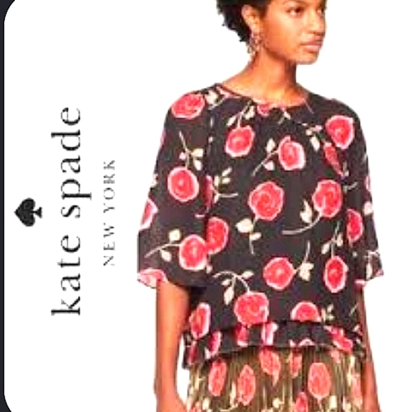 Kate Spade Hazy Rose Black Top with Red Floral Design Xs - Picture 1 of 10